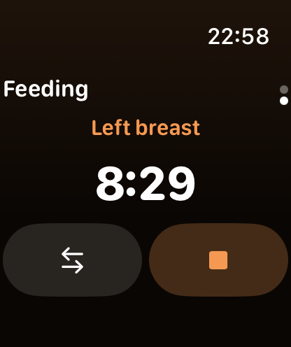Wobbly on Apple Watch showing a running breastfeeding timer